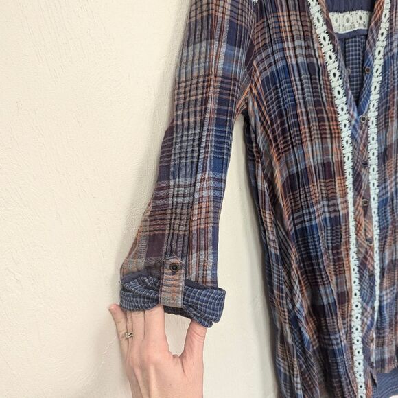 Holding Horses Anthropologie Navy & Orange Plaid Lace Trim High Low Dress XS - Picture 4 of 8